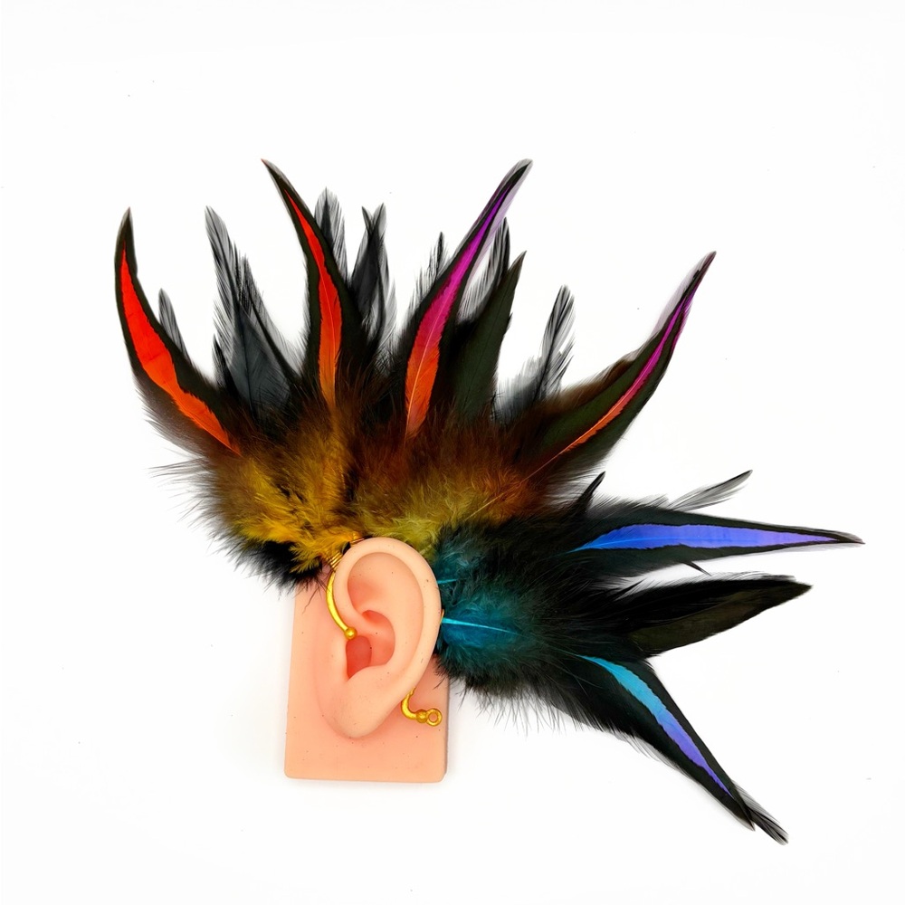 Black feather ear cuff with rainbow colors, no pierce pierce free, fits all